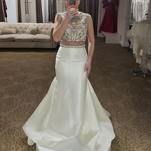 Mac Duggal Two-Piece White Gown Embellished Sheer Bodice Satin Skirt Size 10